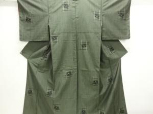 井桁に花模様織出し縦節紬着物